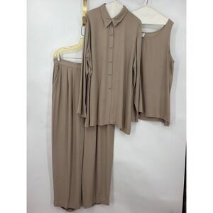 Vintage Wild Rose 3Pc Pant Suit Taupe Pleated Trousers Shirt Tank Made in USA 16